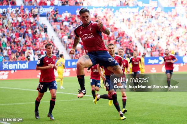 Chimy Avila of CA Osasuna celebrates after scoring goal during the LaLiga Santander match between CA Osasuna and Cadiz CF at El Sadar Stadium on...