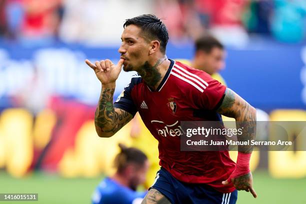 Chimy Avila of CA Osasuna celebrates after scoring goal during the LaLiga Santander match between CA Osasuna and Cadiz CF at El Sadar Stadium on...