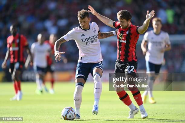 Ben White of Arsenal battles for possession with Ben Pearson of AFC Bournemouth during the Premier League match between AFC Bournemouth and Arsenal...