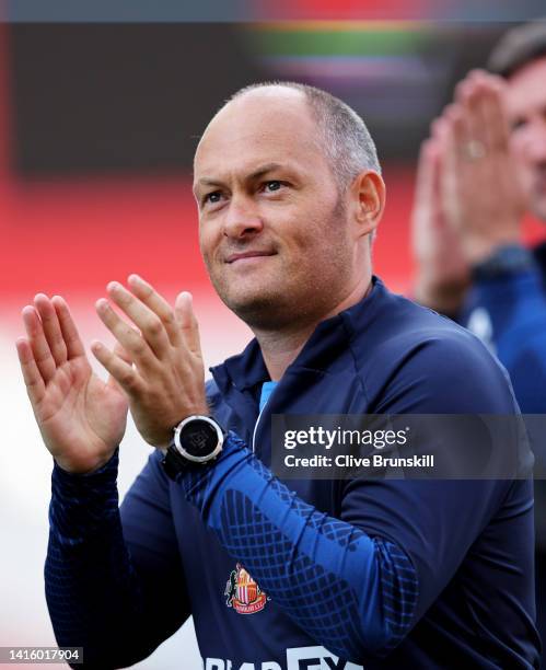 Sunderland manager Alex Neil applauds the fans after his teams victory during the Sky Bet Championship between Stoke City and Sunderland at Bet365...