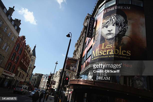 Sign advertising a musical 'Les Miserables' on Shaftesbury Avenue in the West End on March 19, 2012 in London, England. London's West End is...
