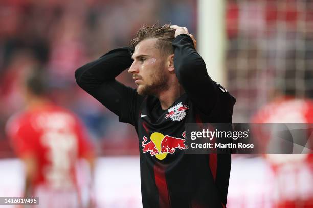 Timo Werner of RB Leipzig reacts during the Bundesliga match between 1. FC Union Berlin and RB Leipzig at Stadion an der alten Försterei on August...