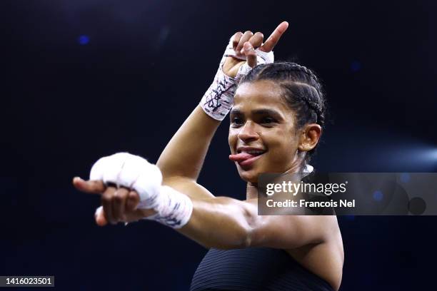 Ramla Ali celebrates their victory against Crystal Garcia Nova in the Super-Bantamweight fight during the Rage on the Red Sea Heavyweight Title Fight...