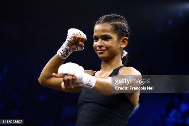 Ramla Ali celebrates their victory against Crystal Garcia Nova in the Super-Bantamweight fight during the Rage on the Red Sea Heavyweight Title Fight...