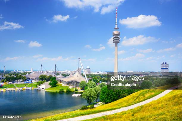 panorama of olympic park in munich - munich olympic park stock pictures, royalty-free photos & images