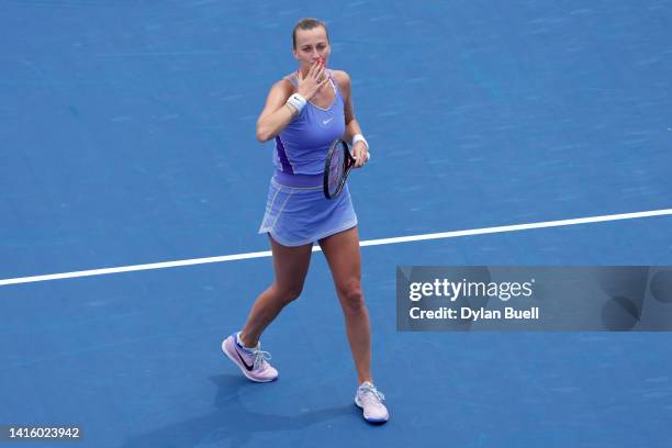 Petra Kvitova of the Czech Republic celebrates after defeating Madison Keys of the United States 6-7, 6-4, 6-3 during the Western & Southern Open at...