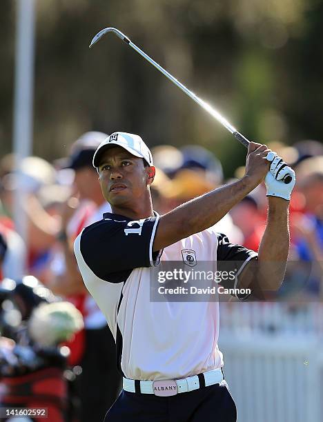 Tiger Woods of the USA and the Albany Team on the range during the first day of the 2012 Tavistock Cup at Lake Nona Country Club on March 19, 2012 in...