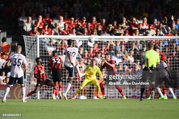 William Saliba of Arsenal scores their sides third goal during the Premier League match between AFC Bournemouth and Arsenal FC at Vitality Stadium on...