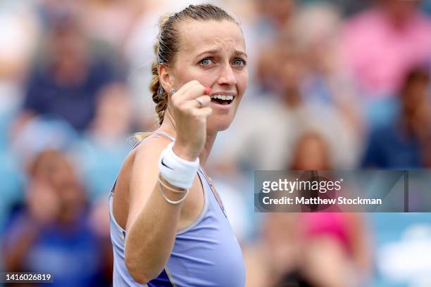 Petra Kvitova of Czech Republic celebrates match point against Madison Keys during semifinals of the Western & Southern Open at Lindner Family Tennis...