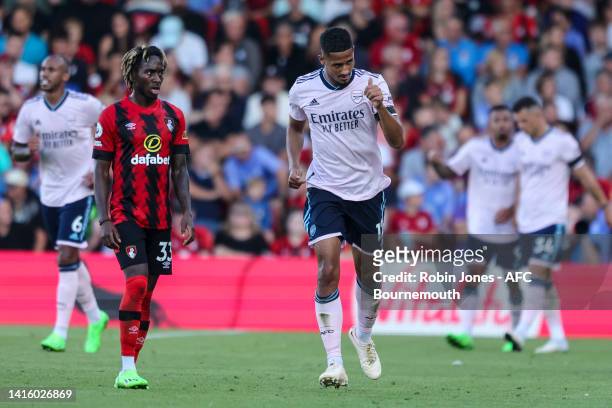 William Saliba of Arsenal celebrates after he scores a goal to make it 3-0 during the Premier League match between AFC Bournemouth and Arsenal FC at...