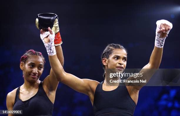 Ramla Ali celebrates their victory against Crystal Garcia Nova in the Super-Bantamweight fight during the Rage on the Red Sea Heavyweight Title Fight...