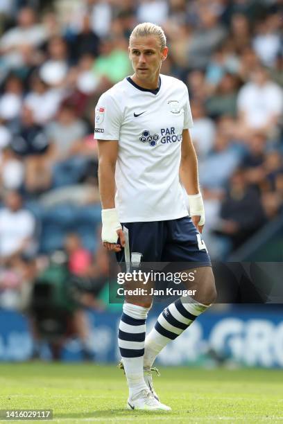 Brad Potts of Preston North End during the Sky Bet Championship between Preston North End and Watford at Deepdale on August 20, 2022 in Preston,...