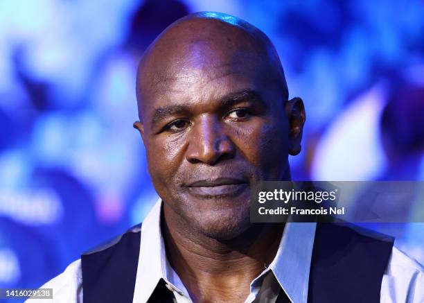Former Boxer, Evander Holyfield watches on during the Rage on the Red Sea Heavyweight Title Fight at King Abdullah Sports City Arena on August 20,...