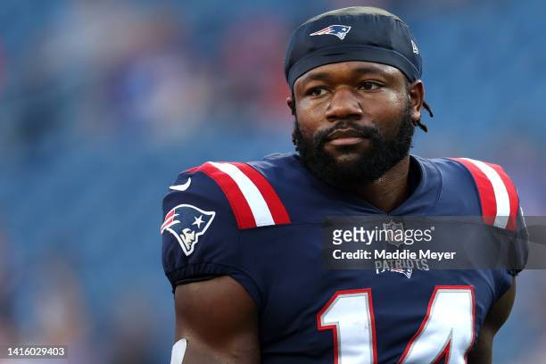 Ty Montgomery of the New England Patriots looks on during the preseason game between the New England Patriots and the Carolina Panthers at Gillette...