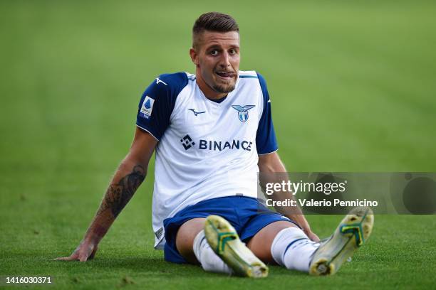 Sergej Milinkovic-Savic of SS Lazio reacts during the Serie A match between Torino FC and SS Lazio at Stadio Olimpico di Torino on August 20, 2022 in...