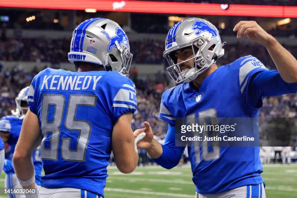 Tom Kennedy and David Blough of the Detroit Lions celebrate a touchdown during the second quarter in the game against the Indianapolis Colts at Lucas...