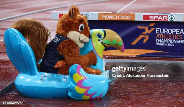 European Championships Munich 2022 Mascot Gfreidi looks on during the Athletics competition on day 10 of the European Championships Munich 2022 at...