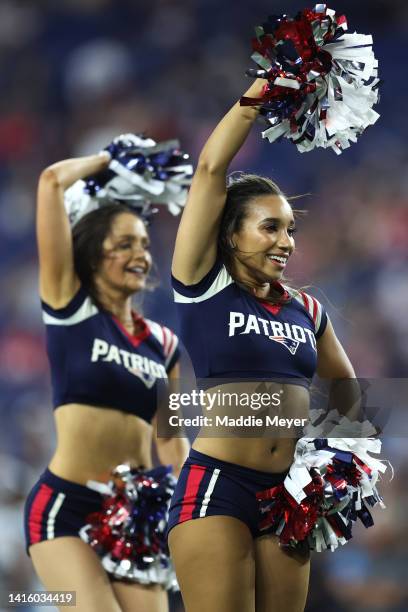 New England Patriots cheerleaders perform during the preseason game between the New England Patriots and the Carolina Panthers at Gillette Stadium on...