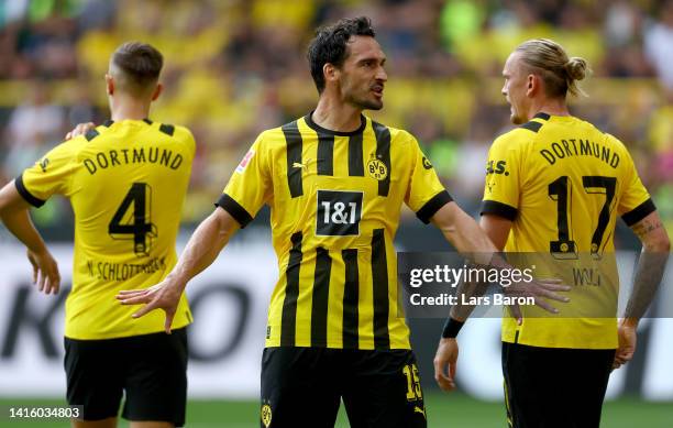 Mats Hummels of Dortmund reacts during the Bundesliga match between Borussia Dortmund and SV Werder Bremen at Signal Iduna Park on August 20, 2022 in...