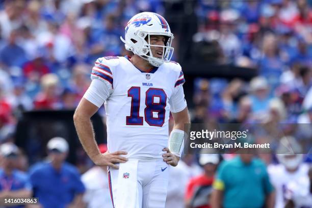 Case Keenum of the Buffalo Bills looks on during the second quarter of a preseason game against the Denver Broncos at Highmark Stadium on August 20,...
