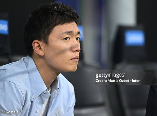 President of FC Internazionale Steven Zhang looks on before the Serie A match between FC Internazionale and Spezia Calcio at Stadio Giuseppe Meazza...