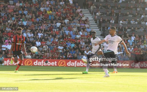 William Saliba scores the 3rd Arsenal goal during the Premier League match between AFC Bournemouth and Arsenal FC at Vitality Stadium on August 20,...