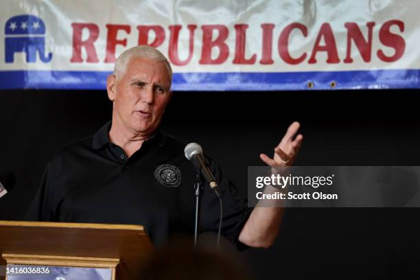 Former Vice President Mike Pence speaks at the Bremer County Republicans' Grill and Chill lunch on August 20, 2022 in Waverly, Iowa. Pence was...