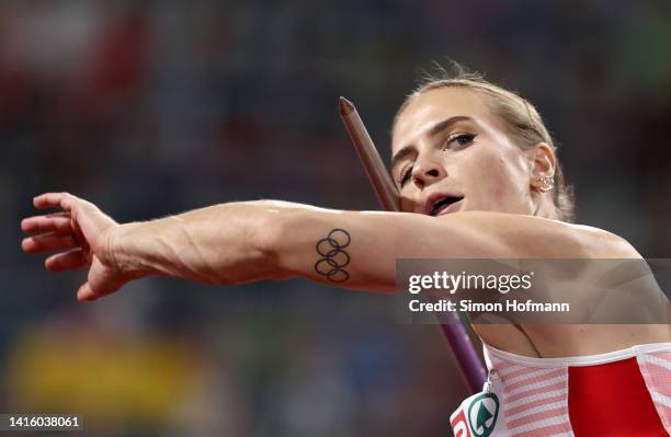 Victoria Hudson of Austria competes during the Athletics - Women's Javelin Throw Final on day 10 of the European Championships Munich 2022 at...