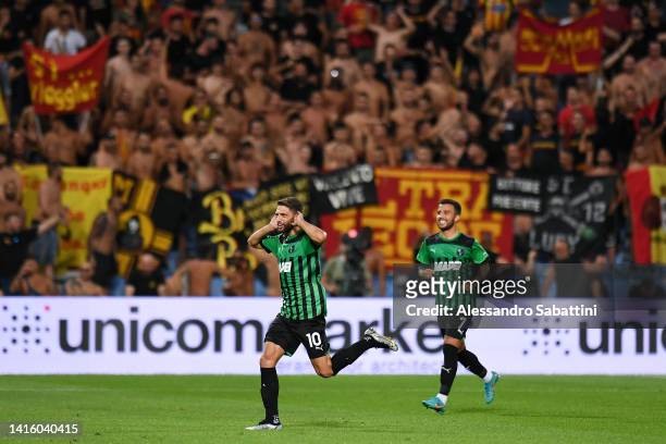 Domenico Berardi of US Sassuolo celebrates scoring their side's first goal during the Serie A match between US Sassuolo and US Lecce at Mapei Stadium...