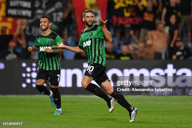 Domenico Berardi of US Sassuolo celebrates scoring their side's first goal during the Serie A match between US Sassuolo and US Lecce at Mapei Stadium...