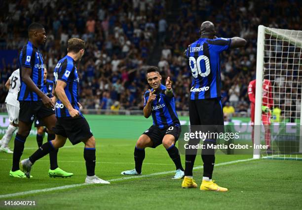 Lautaro Martinez of FC Internazionale celebrate with Romelu Lukaku after scoring the opening goal during the Serie A match between FC Internazionale...