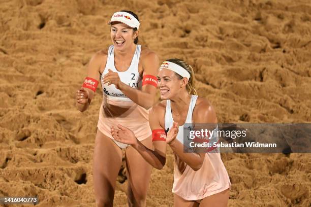 Anastasija Kravcenoka and Tina Graudina of Latvia celebrate victory in the Women's Beach Volleyball - Gold Medal Match competition between Latvia and...