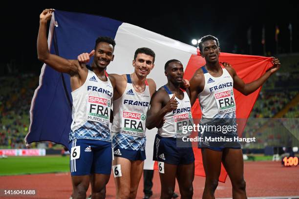 Bronze Medalists, Gilles Biron, Loic Prevot, To Andant and Thomas Jordier celebrate after the Athletics - Men's 4x400m Relay Final during the...