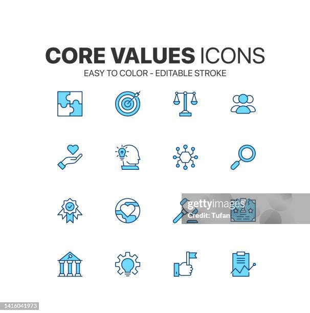 core values icon pack. easy to color. business integrity, mission statement and core beliefs symbol - core values icon stock illustrations