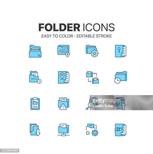 folder and documents icon set. easy to color. file catalog, document search and local network symbol set - easy load stock illustrations