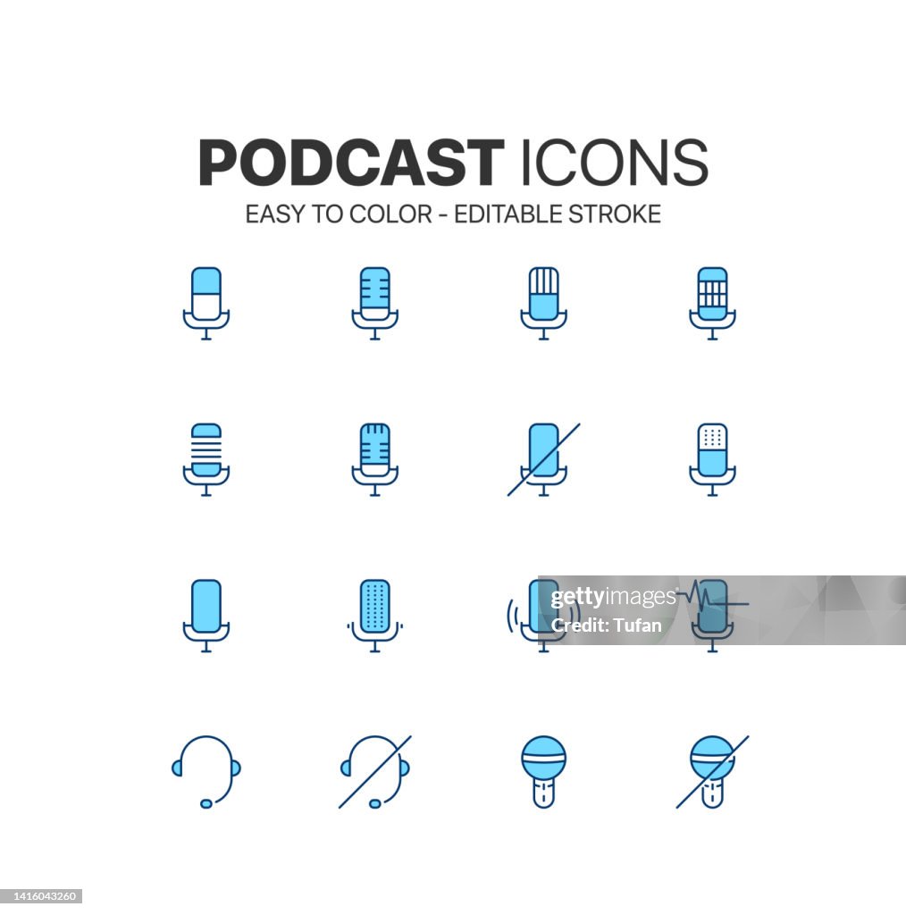 Podcast icon set easy to color. Microphone symbol. Podcast equipment and clipart set