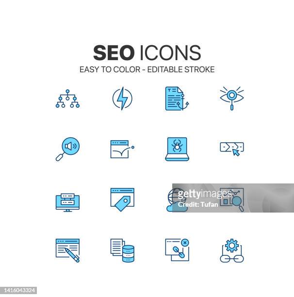 seo icon set. easy to color. web seo tools symbol. local seo and traffic clipart - cloud save stock illustrations