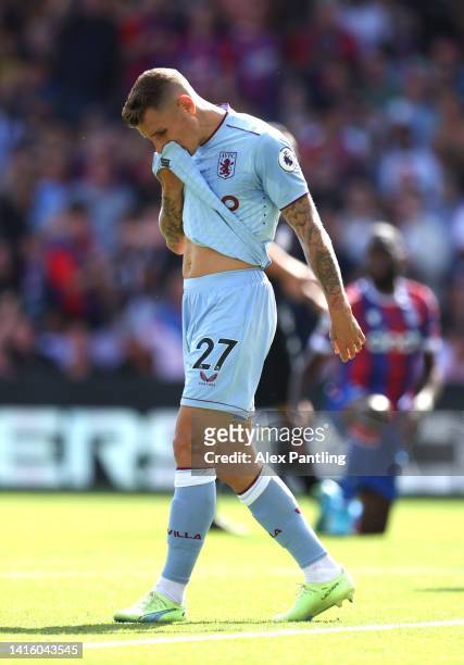 Lucas Digne of Aston Villa reacts during the Premier League match between Crystal Palace and Aston Villa at Selhurst Park on August 20, 2022 in...