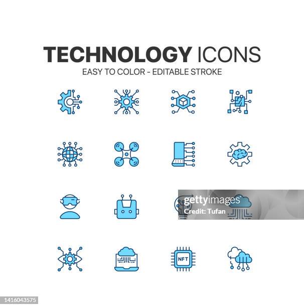 technologiesymbole einfach zu färben. beschreiben sie den symbolsatz für die informationstechnologie. bunte symboltechnologie und datennetzwerksymbol - verbindungsblock stock-grafiken, -clipart, -cartoons und -symbole