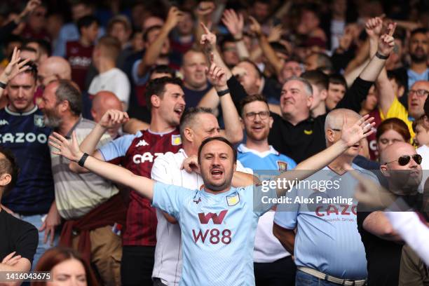 Aston Villa fans show their support during the Premier League match between Crystal Palace and Aston Villa at Selhurst Park on August 20, 2022 in...