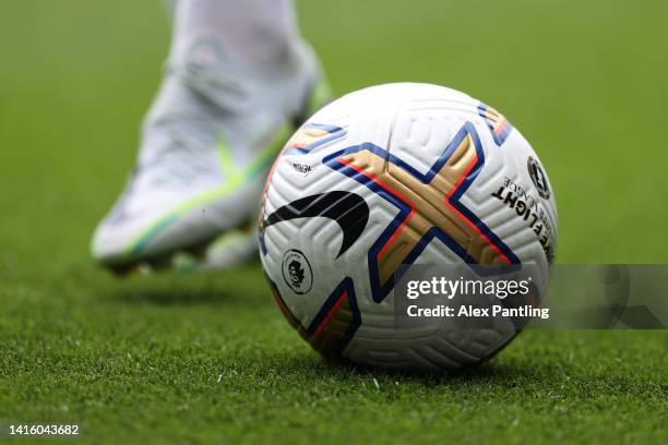 Detailed view of the match ball during the Premier League match between Crystal Palace and Aston Villa at Selhurst Park on August 20, 2022 in London,...