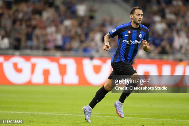 Hakan Calhanoglu of FC Internazionale celebrates after scoring his team's second goal during the Serie A match between FC Internazionale and Spezia...