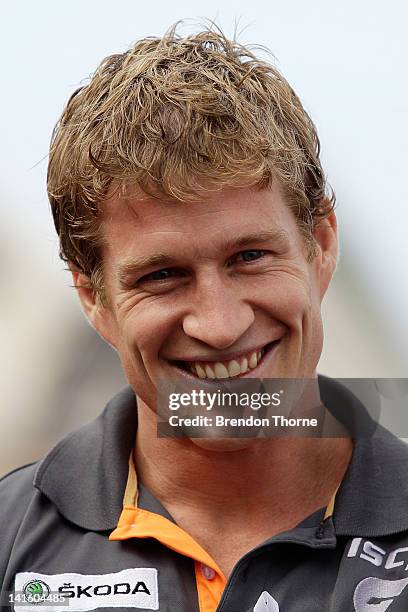 Luke Power of the Giants speaks with the media during the launch of the Sydney Derby trophy at Luna Park on March 20, 2012 in Sydney, Australia. The...