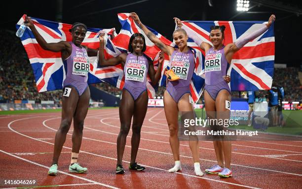 Bronze Medalists, Victoria Ohuruogu, Ama Pipi, Jodie Williams and Nicole Yargin of Great Britain celebrate after the Athletics - Women's 4x400m Relay...