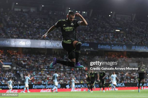 Karim Benzema of Real Madrid CF <1g from a penalty shot during the LaLiga Santander match between RC Celta de Vigo and Real Madrid CF at Estadio...