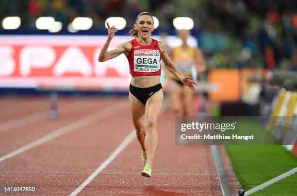 Gold medalist Luiza Gega of Albania celebrates while crossing the finish line during the Athletics - Women's 3000m Steeplechase Final on day 10 of...