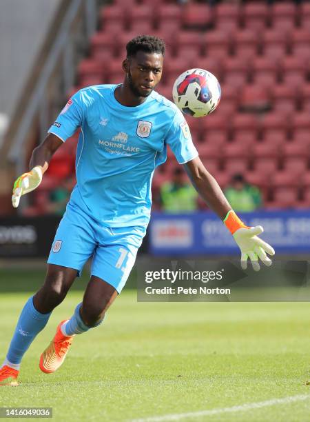Arthur Okonkwo of Crewe Alexandra in action during the Sky Bet League Two between Crewe Alexandra and Northampton Town at Mornflake Stadium on August...