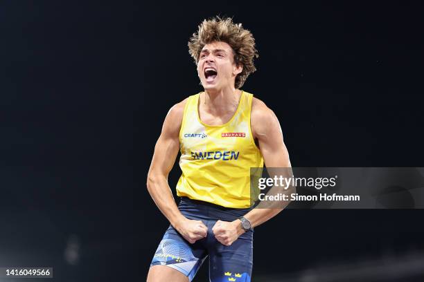 Armand Duplantis of Sweden celebrates during the Athletics - Men's Pole Vault Final on day 10 of the European Championships Munich 2022 at...