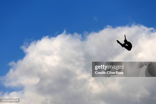 Catalin-Petru Preda of Romania competes in the Men's 27m High Diving on Day 10 of the European Aquatics Championships Rome 2022 at the Stadio del...