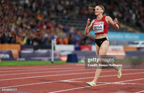 Gold medalist Luiza Gega of Albania celebrates after crossing the finish line during the Athletics - Women's 3000m Steeplechase Final on day 10 of...